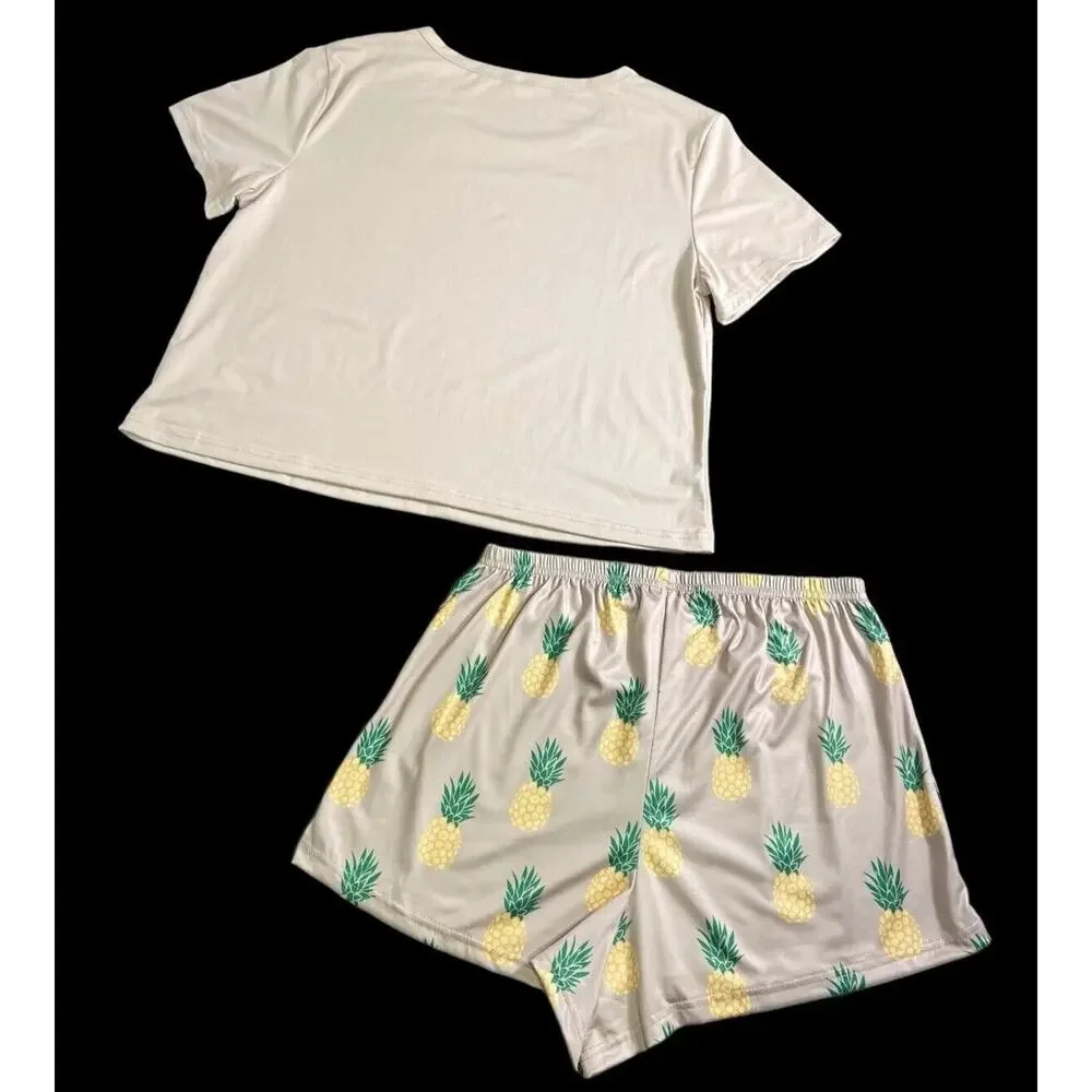 Shein Beige Pineapple Short Sleeve T-Shirt & Shorts Pj Set Women’s Size XL NEW